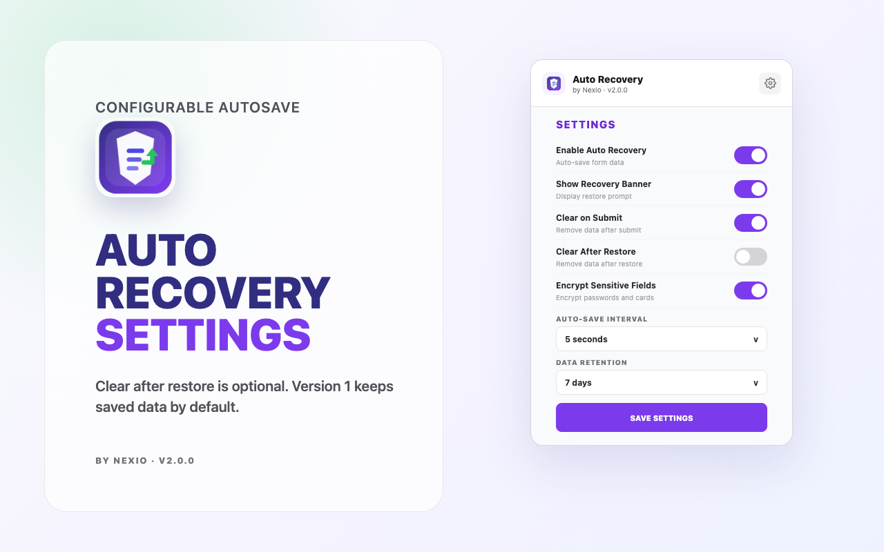 Auth Recovery settings panel